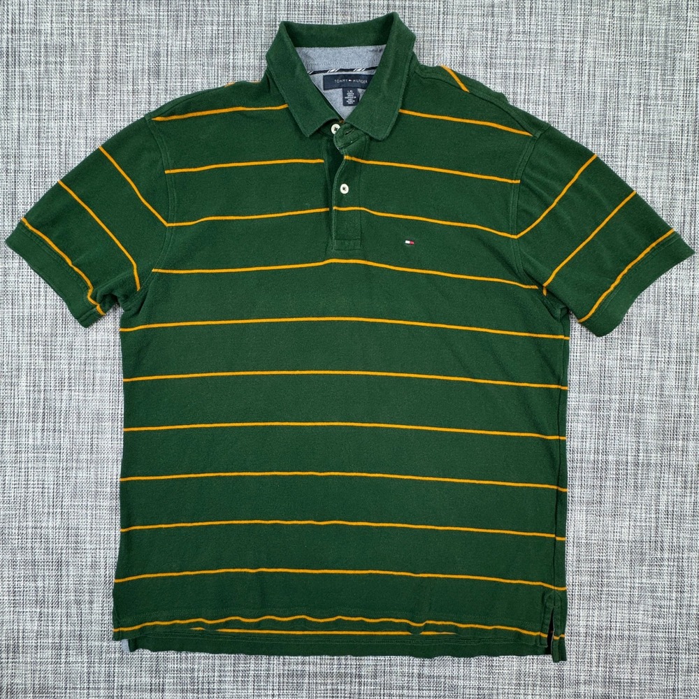Tommy Hilfiger Men's Striped Pique Polo Shirt Green Orange Size Large